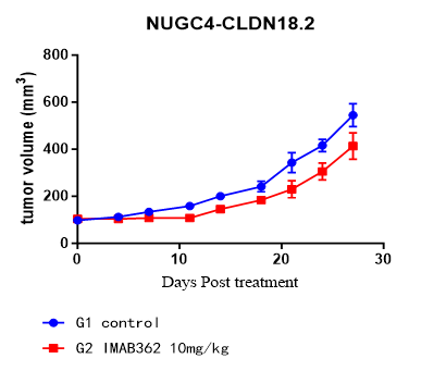 Comparative antitumor activity of an ADCC-dependent anti-CLDN18.2 antibody (Imab362) across preclinical models.